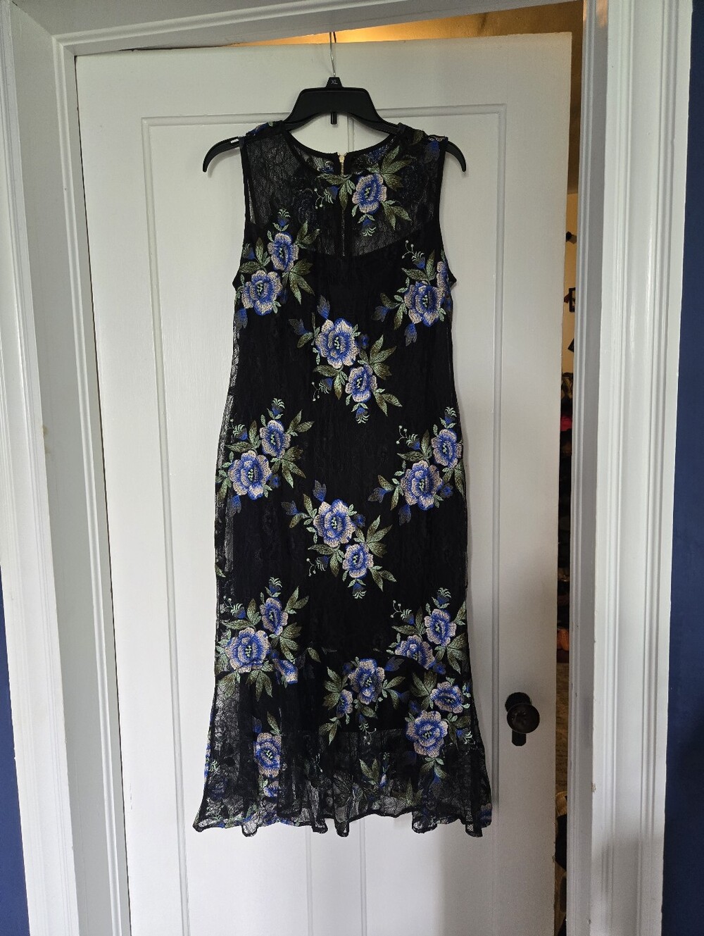 Calvin Klein Black Lace Maxi Dress with Blue Floral Embroidery